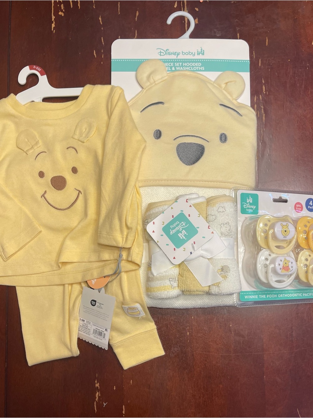 Disney Yellow Winnie the Pooh Kids Pajama Set with Hooded Towel & Pacifiers